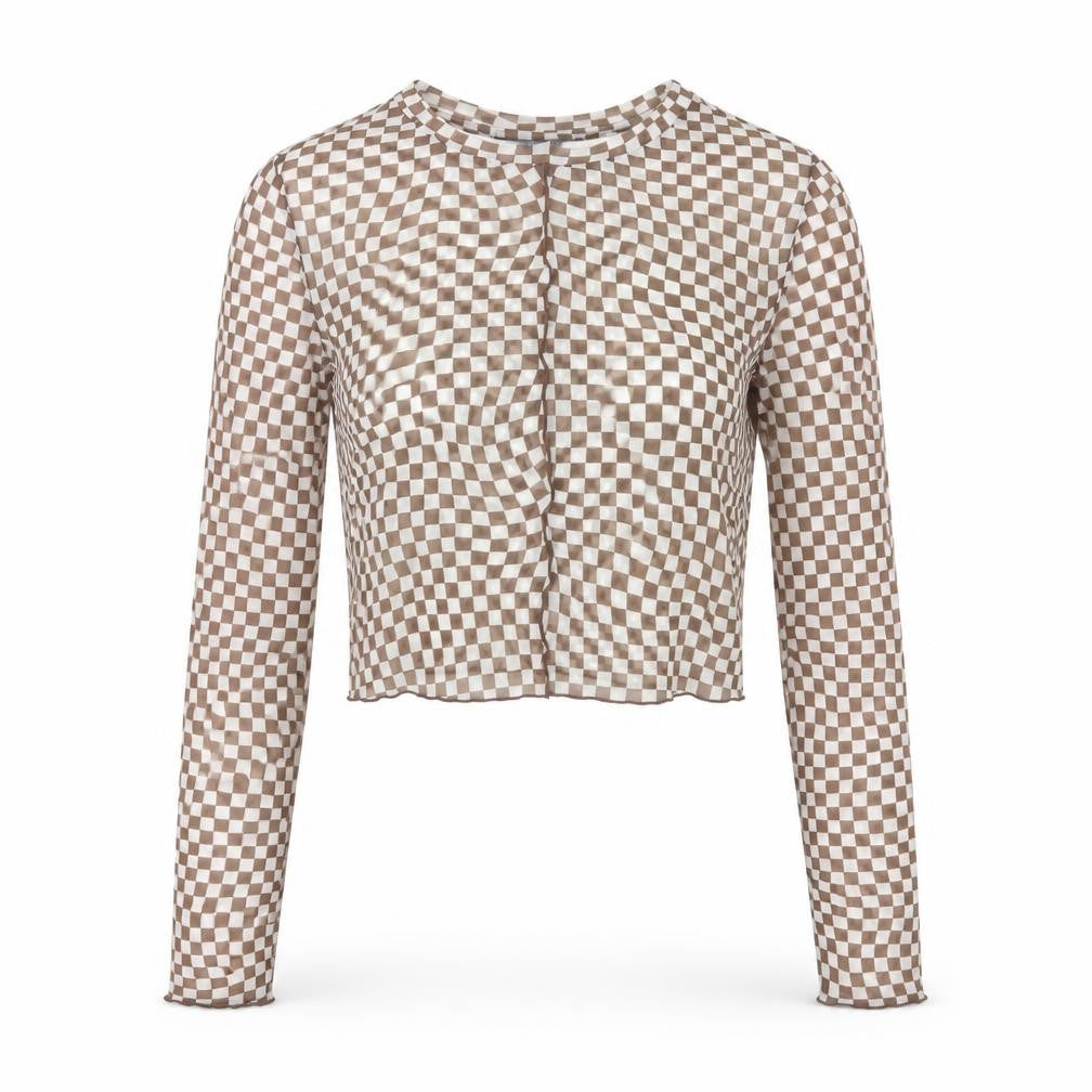 Primark Womens Brown Check Mesh Cropped Blouse UK 10 Slim Fit Long Sleeve