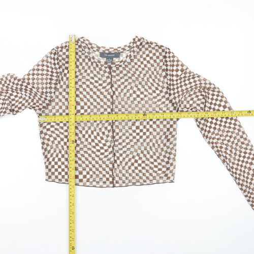 Primark Womens Brown Check Mesh Cropped Blouse UK 10 Slim Fit Long Sleeve