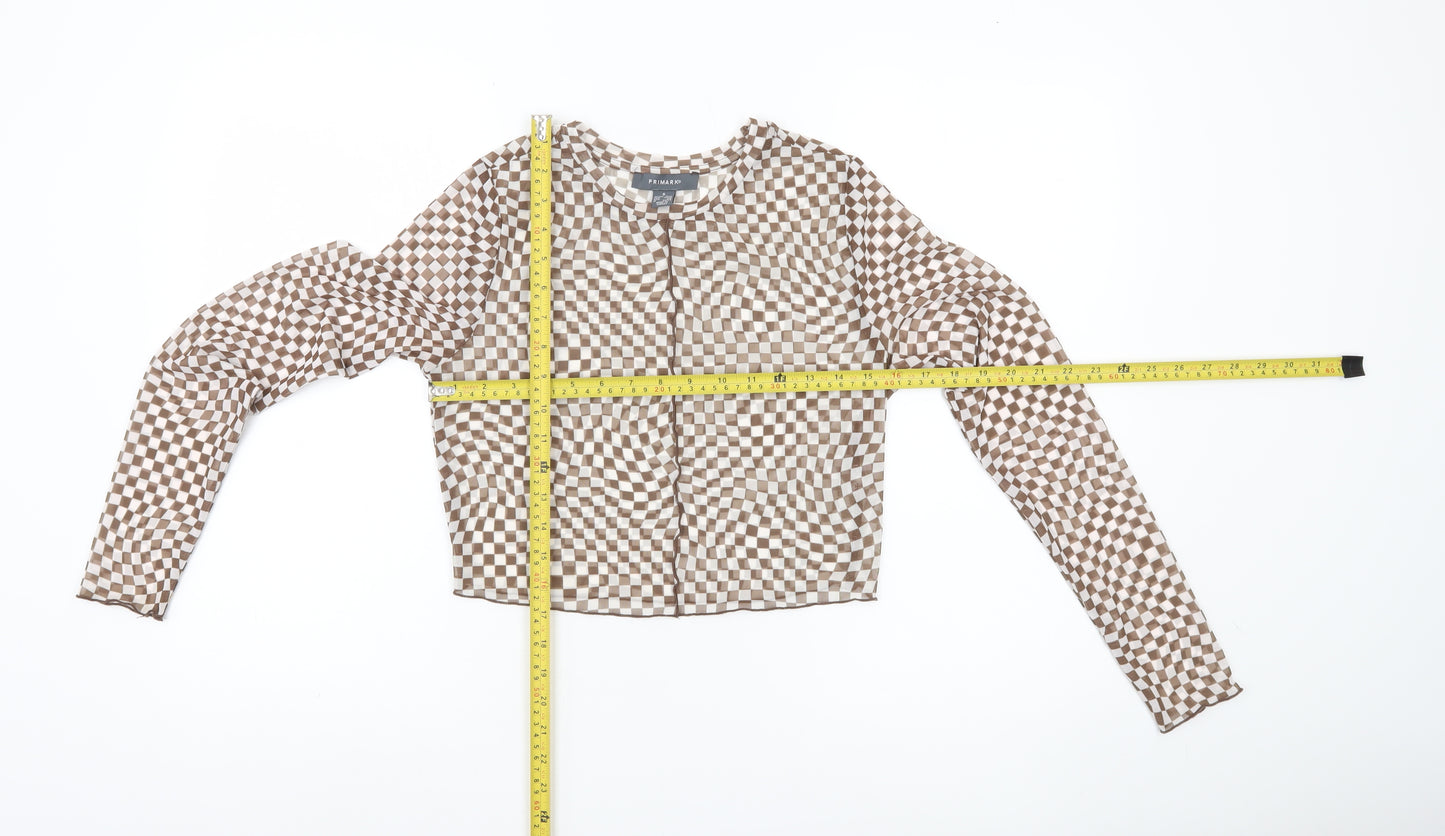 Primark Womens Brown Check Mesh Cropped Blouse UK 10 Slim Fit Long Sleeve
