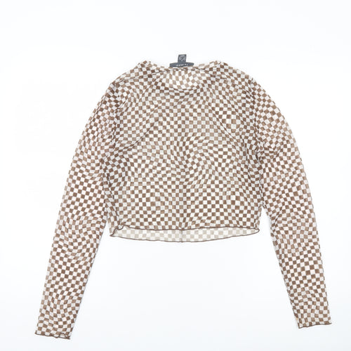 Primark Womens Brown Check Mesh Cropped Blouse UK 10 Slim Fit Long Sleeve