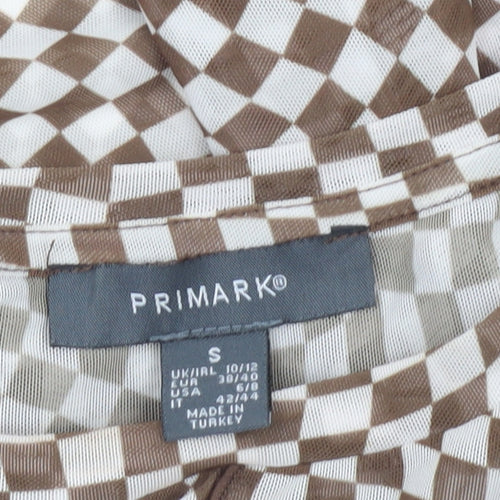Primark Womens Brown Check Mesh Cropped Blouse UK 10 Slim Fit Long Sleeve