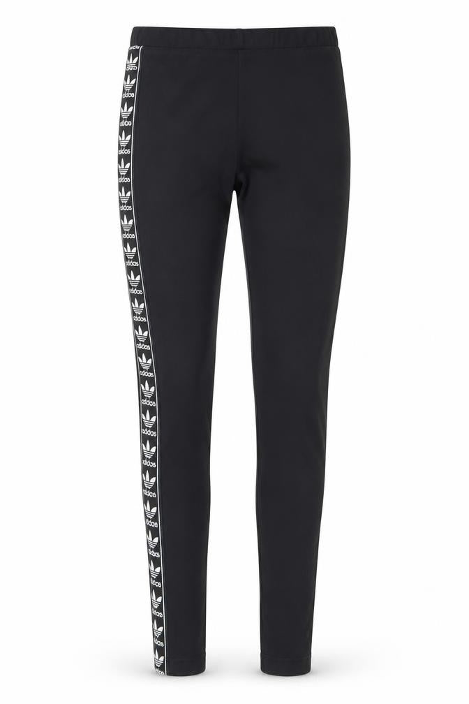 Front view of Adidas women’s black, size UK 8 slim, fit logo leggings