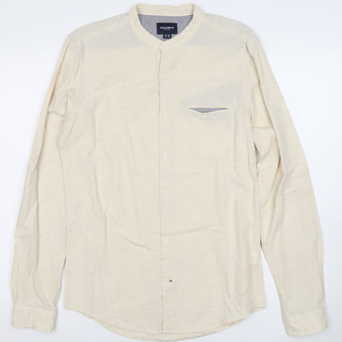 Pull&Bear Men’s Beige Band Collar Long Sleeve Cotton Linen Shirt M 38