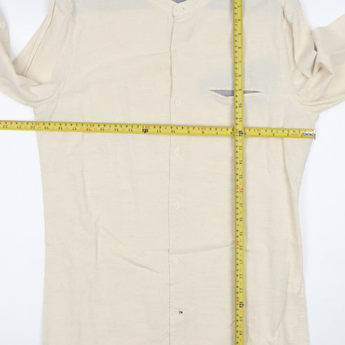 Pull&Bear Men’s Beige Band Collar Long Sleeve Cotton Linen Shirt M 38