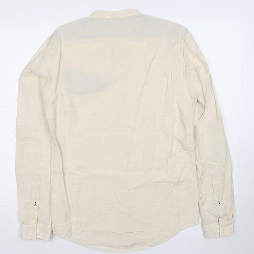 Pull&Bear Men’s Beige Band Collar Long Sleeve Cotton Linen Shirt M 38