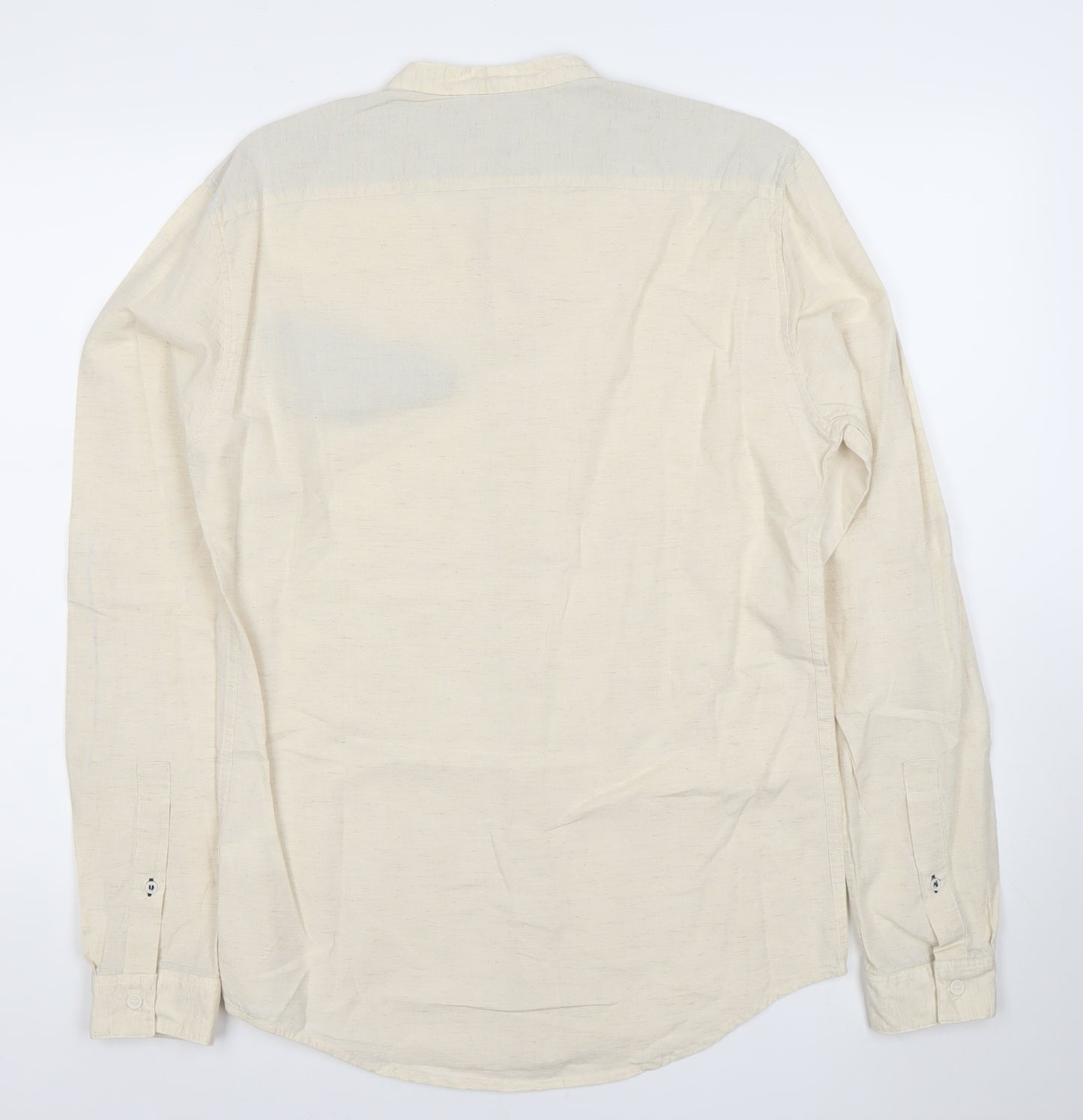 Pull&Bear Men’s Beige Band Collar Long Sleeve Cotton Linen Shirt M 38