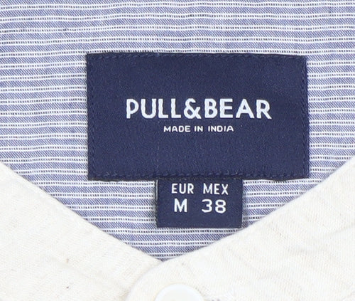 Pull&Bear Men’s Beige Band Collar Long Sleeve Cotton Linen Shirt M 38