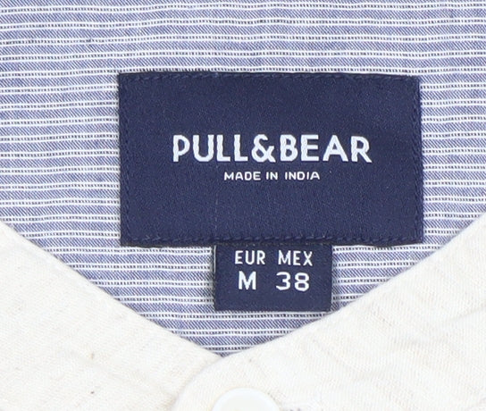 Pull&Bear Men’s Beige Band Collar Long Sleeve Cotton Linen Shirt M 38