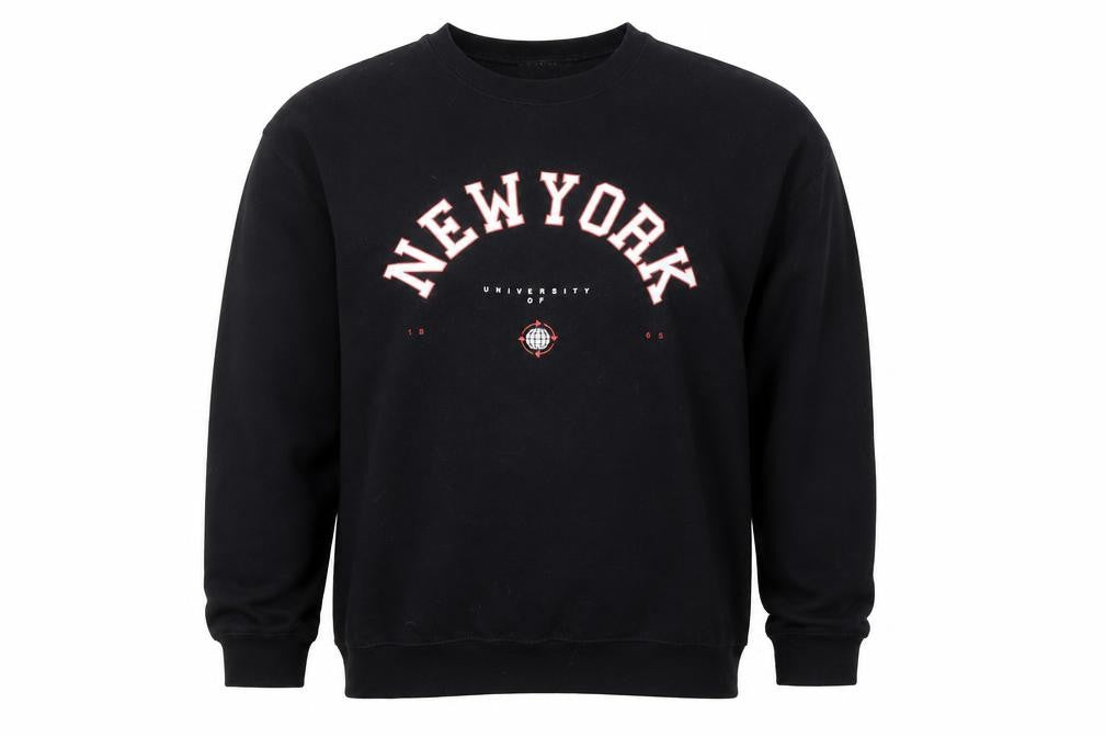Front view of boohooMAN Men’s Black Graphic Print New York Sweatshirt, size M