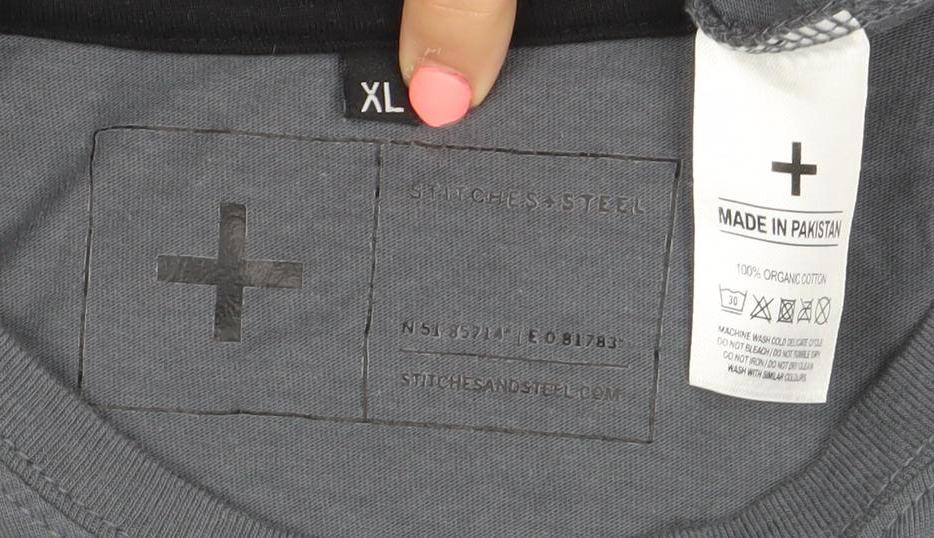 + Mens Grey XL Crew Neck Cotton T-Shirt with Pocket
