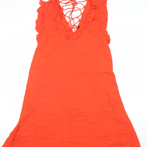 River Island Women’s Orange Shift Dress Size 10 Ruffle Lace-Up Summer