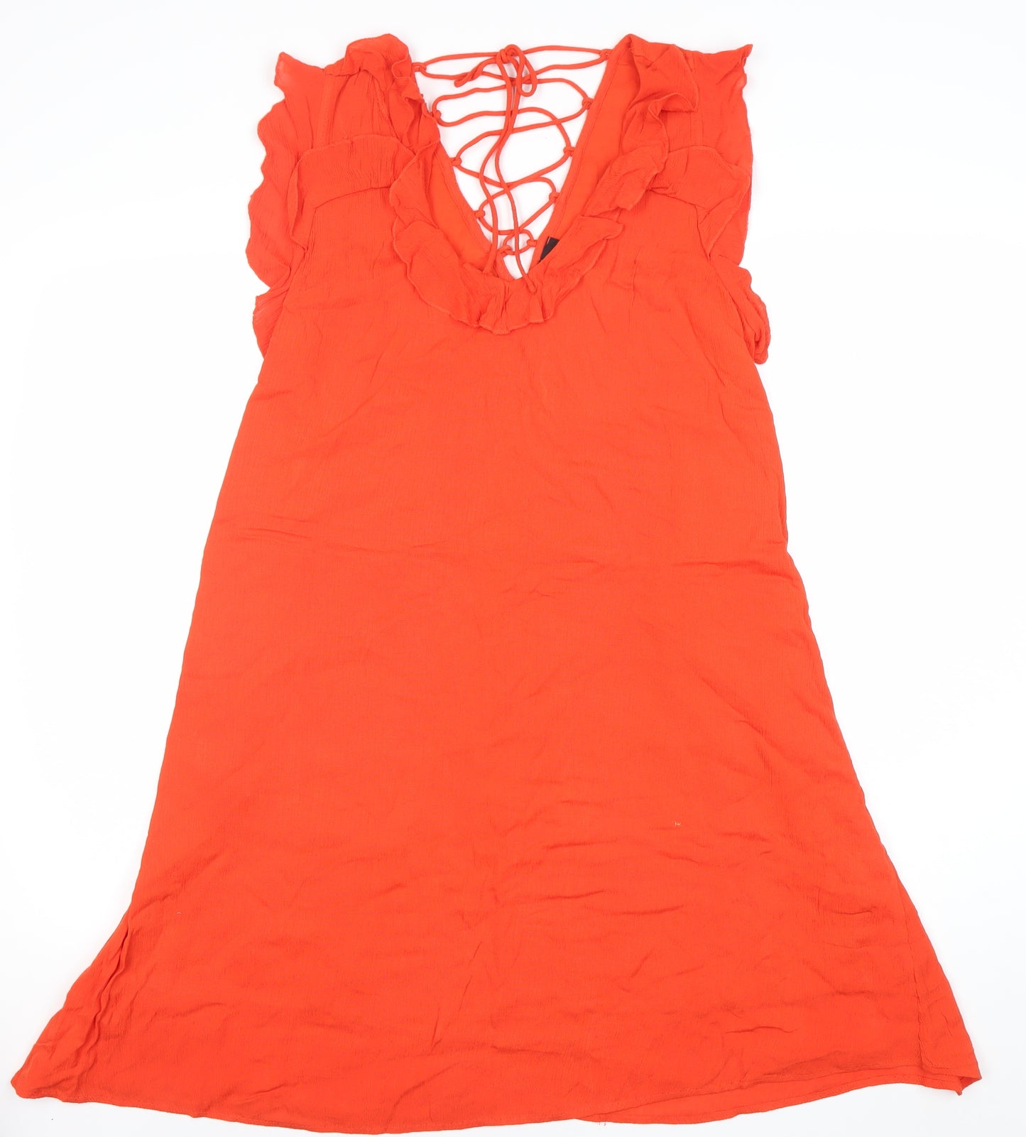 River Island Women’s Orange Shift Dress Size 10 Ruffle Lace-Up Summer