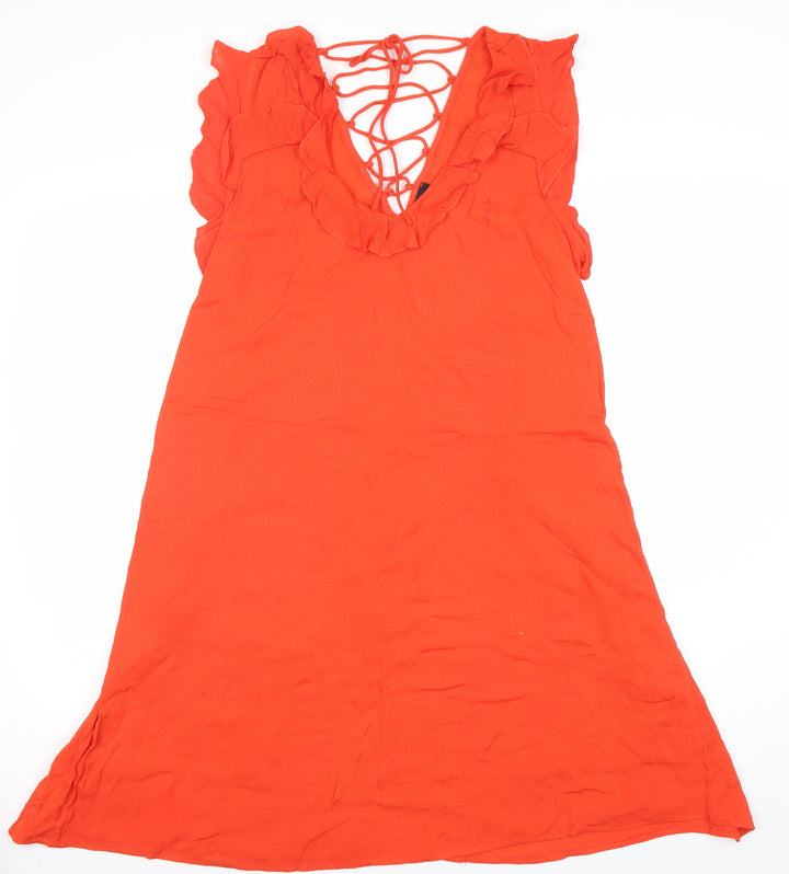 River Island Women’s Orange Shift Dress Size 10 Ruffle Lace-Up Summer