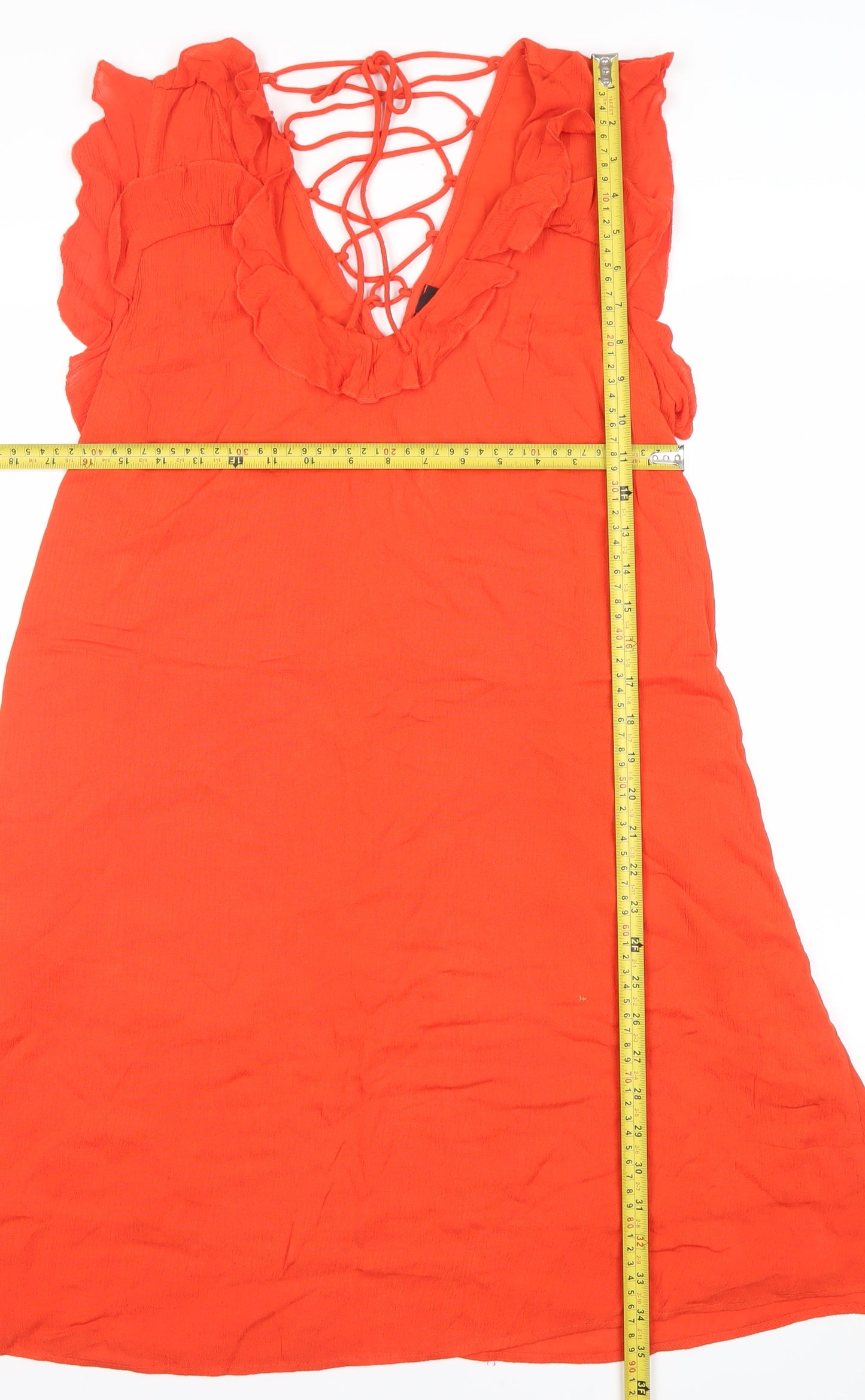 River Island Women’s Orange Shift Dress Size 10 Ruffle Lace-Up Summer