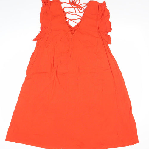 River Island Women’s Orange Shift Dress Size 10 Ruffle Lace-Up Summer