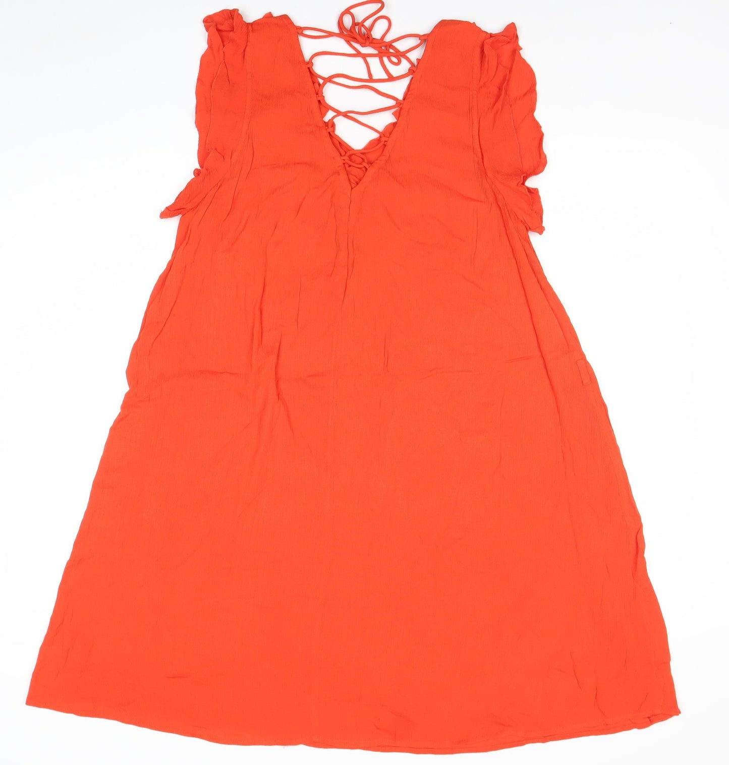 River Island Women’s Orange Shift Dress Size 10 Ruffle Lace-Up Summer