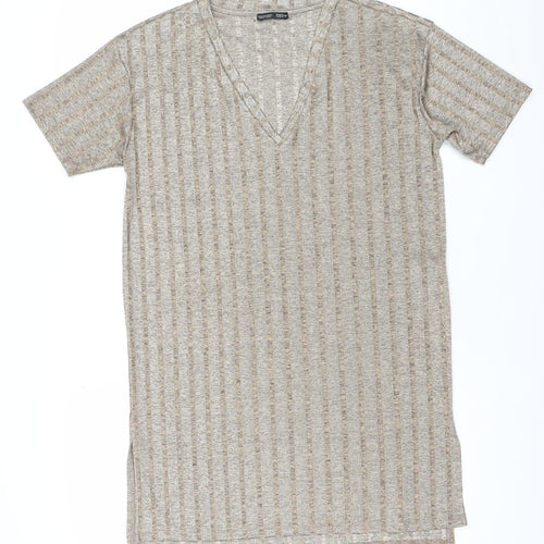 Zara Women Beige XL T-Shirt Dress V-Neck Short Sleeve Casual