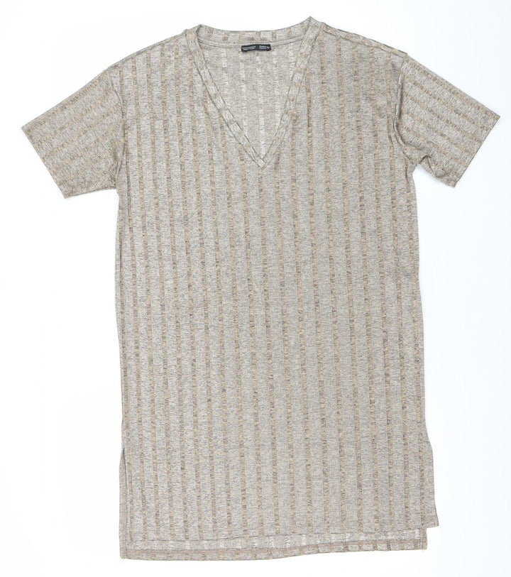 Zara Women Beige XL T-Shirt Dress V-Neck Short Sleeve Casual