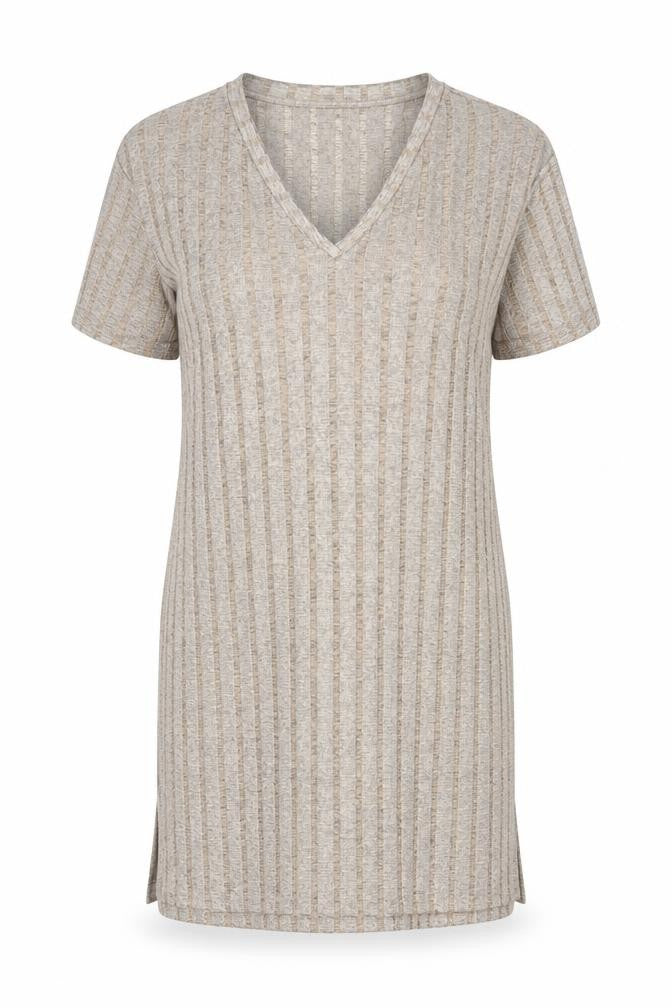 Zara Women Beige XL T-Shirt Dress V-Neck Short Sleeve Casual