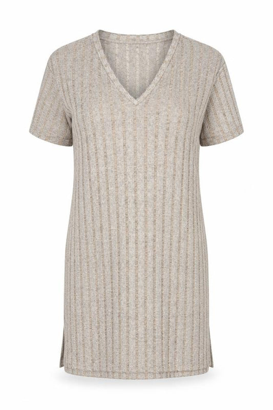 Front view of Zara Women Beige XL T-Shirt Dress V-Neck Short Sleeve Casual
