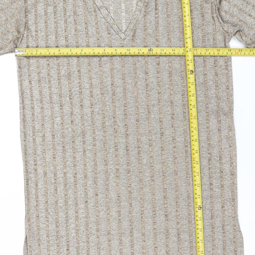 Zara Women Beige XL T-Shirt Dress V-Neck Short Sleeve Casual