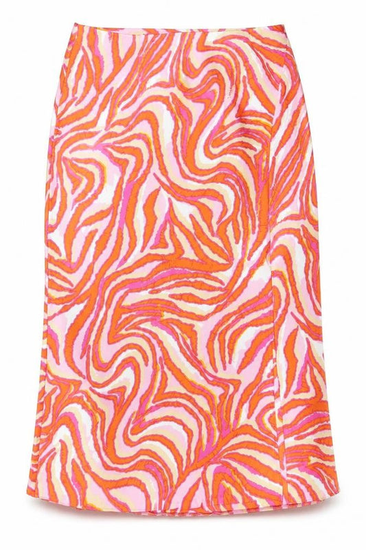 Front view of Dunnes women’s pink orange animal print pencil skirt, size UK 12