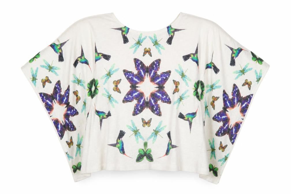 Izabel London Women’s White Kimono Sleeve Blouse Top S Butterfly Bird Print