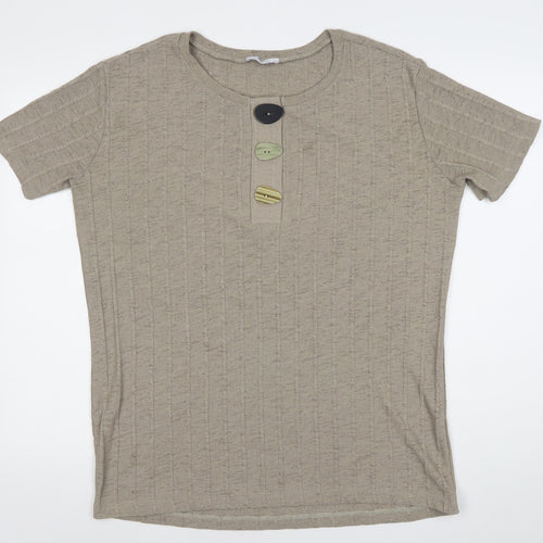 Zara Women Beige Cotton Henley Jumper Size 12 Short Sleeve