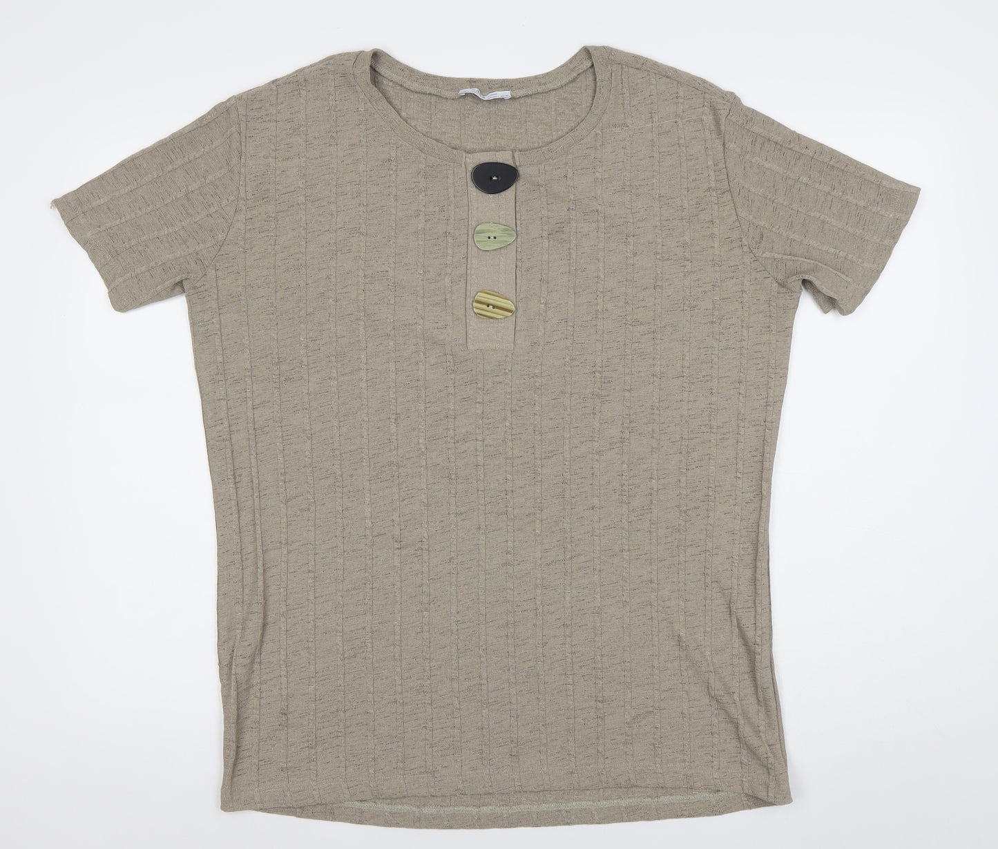 Zara Women Beige Cotton Henley Jumper Size 12 Short Sleeve