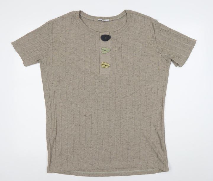 Zara Women Beige Cotton Henley Jumper Size 12 Short Sleeve