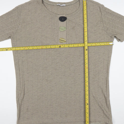 Zara Women Beige Cotton Henley Jumper Size 12 Short Sleeve