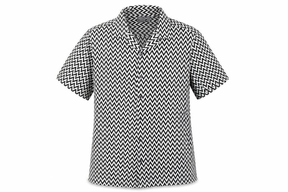 Front view of ASOS unisex black white geometric button-up shirt, size M