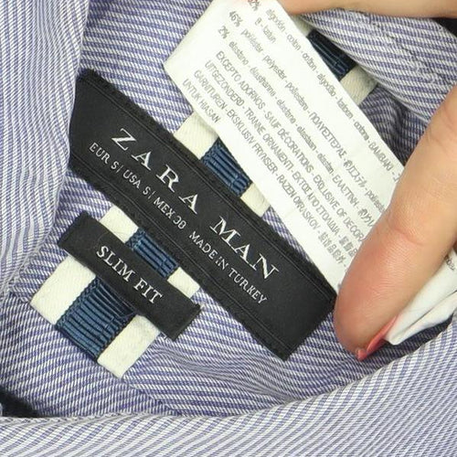 Zara Man Slim Fit Blue Striped Cotton Long Sleeve Shirt S