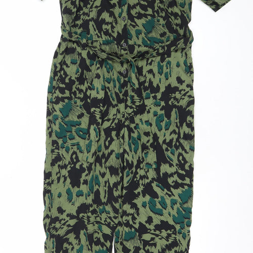 Topshop Womens Green Black Animal Print Jumpsuit UK 8 V-Neck Short Sleeve