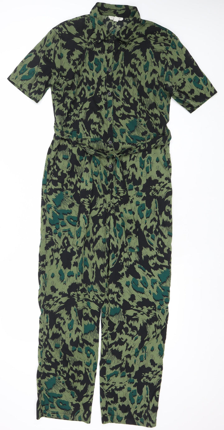 Topshop Womens Green Black Animal Print Jumpsuit UK 8 V-Neck Short Sleeve