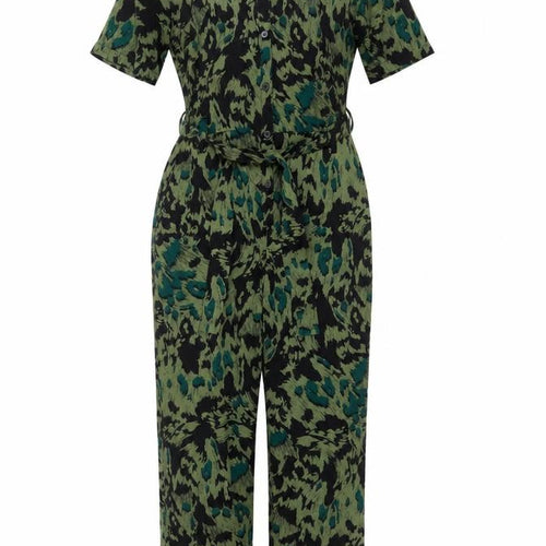 Topshop Womens Green Black Animal Print Jumpsuit UK 8 V-Neck Short Sleeve