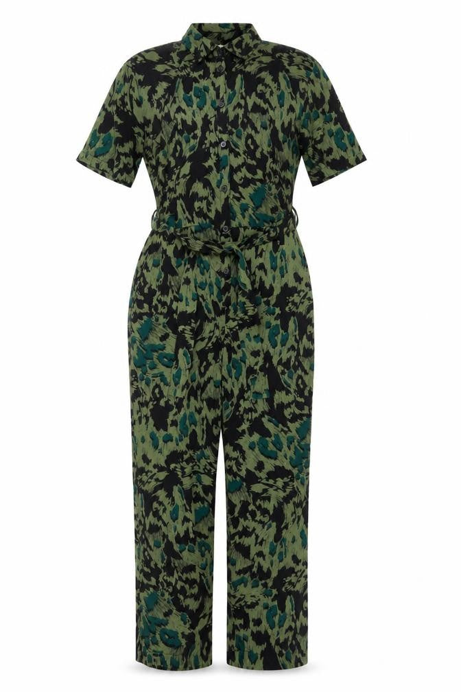 Topshop Womens Green Black Animal Print Jumpsuit UK 8 V-Neck Short Sleeve