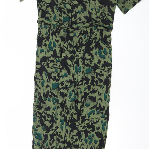 Topshop Womens Green Black Animal Print Jumpsuit UK 8 V-Neck Short Sleeve