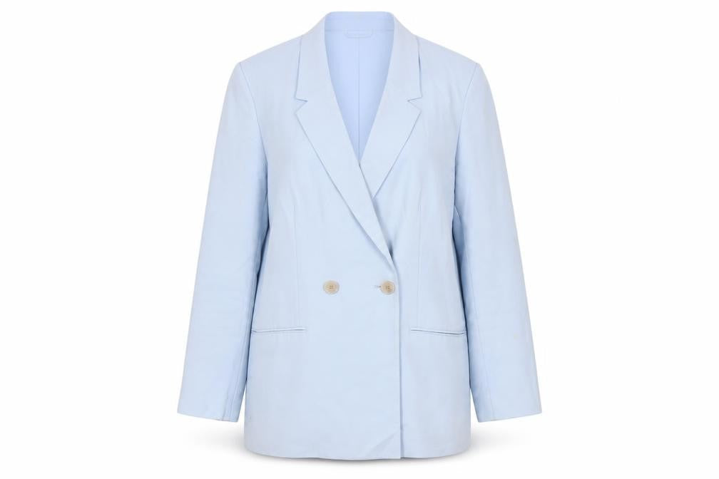 Front view of H&M Women’s Blue Double-Breasted Blazer, size UK 12, Regular