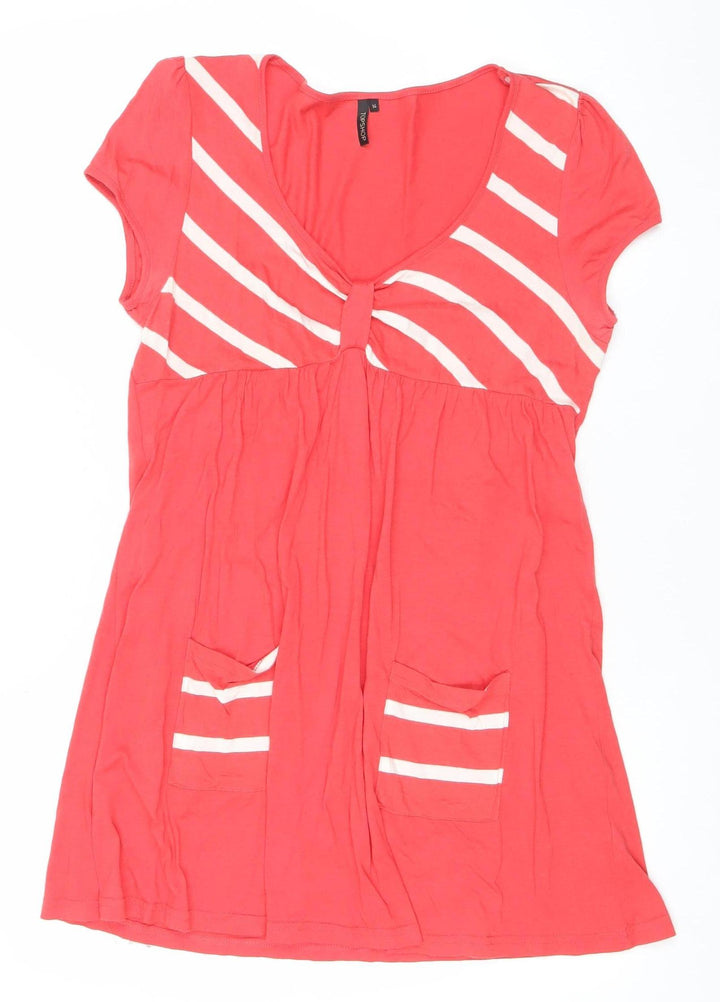 Topshop Womens Red Stripe Skater Dress Size 14 Cotton Modal Casual