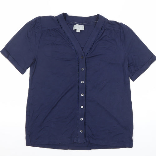Pure Collection Womens Blue Size 8 Button Up V-Neck Top