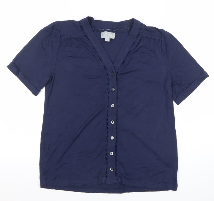Pure Collection Womens Blue Size 8 Button Up V-Neck Top