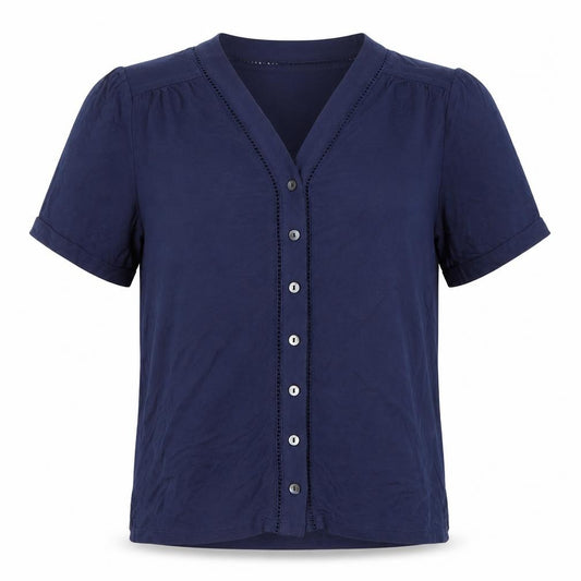 Front view of Pure Collection women’s blue, size UK 8, button up v-neck top