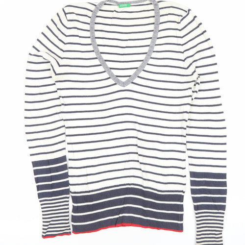 United Colors of Benetton Womens Striped Cotton V-Neck Jumper S