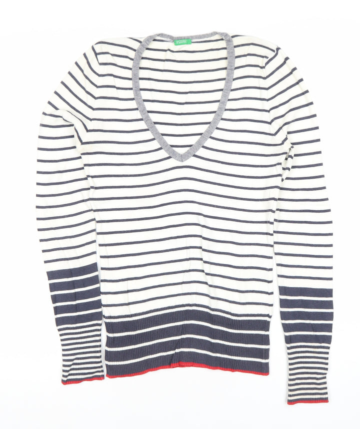 United Colors of Benetton Womens Striped Cotton V-Neck Jumper S