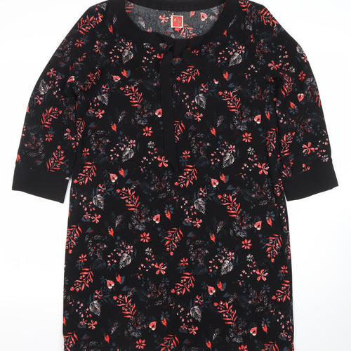 Miss Captain Womens Black Floral Shift Dress Size 12 3/4 Sleeve Bow Detail