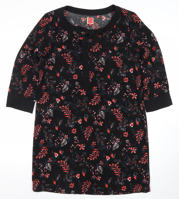 Miss Captain Womens Black Floral Shift Dress Size 12 3/4 Sleeve Bow Detail