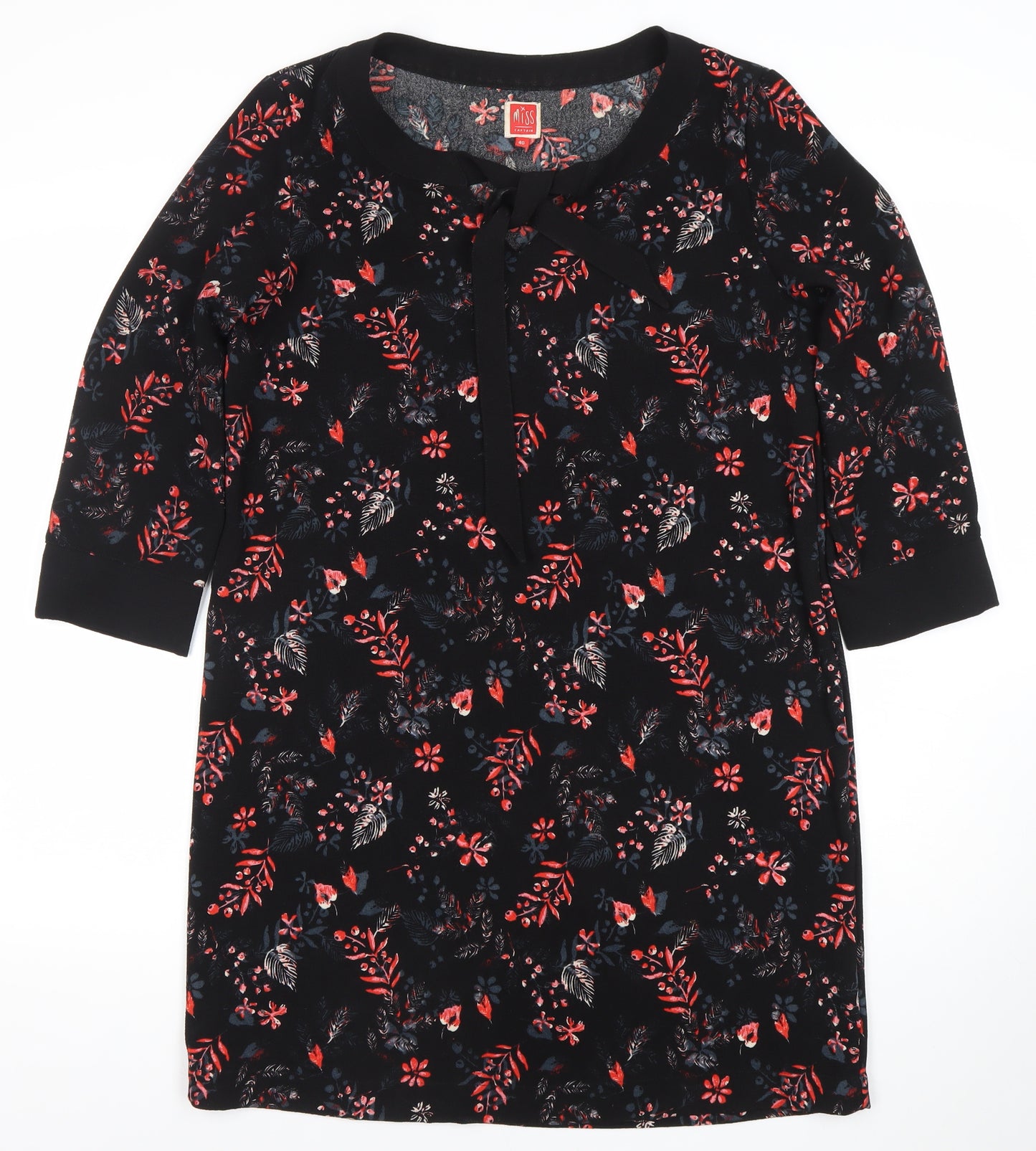 Miss Captain Womens Black Floral Shift Dress Size 12 3/4 Sleeve Bow Detail