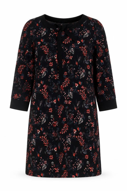 Front view of Miss Captain women’s black floral shift dress, size UK 12, 3/4 sleeve bow detail