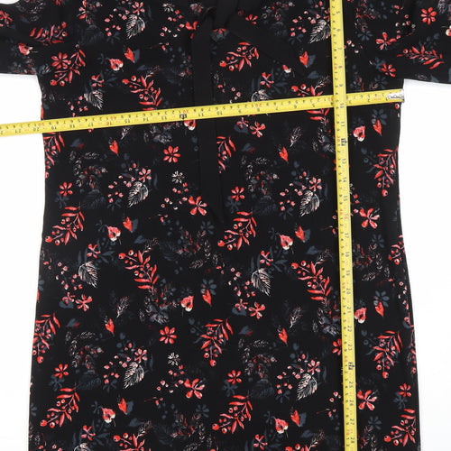 Miss Captain Womens Black Floral Shift Dress Size 12 3/4 Sleeve Bow Detail